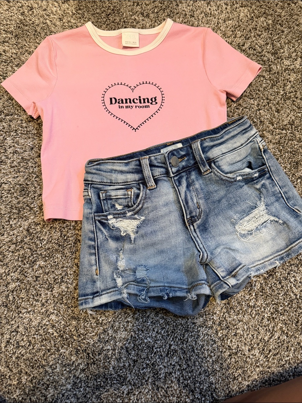 BKE Pink Graphic Crop Tee with Light Blue Distressed Denim Shorts
